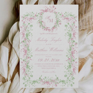 Invitation Douce Sauge Verte & Blush Floral Crest Mariage