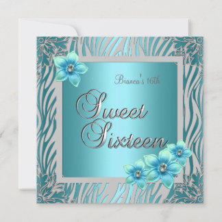 Invitation Douce Seize 16 Anniversaire Fleur Bleue argentée