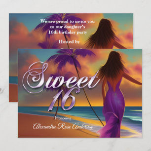 Invitation Douce Seize 16ème Fille Violette Plage Océan or