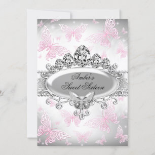 Invitation douce seize ans papillon rose et argent