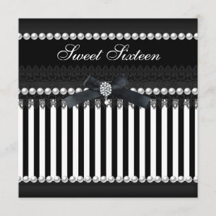 Invitation Douce Seize Seize Noir Blanc Rayure Perle Dentelle