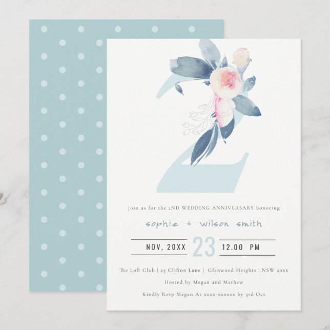 INVITATION DOUCE TEINTE BLEU FLORAL 2ÈME ANNIVERSAIRE DE TOUT (Devant / Derrière)