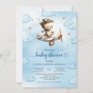Invitation Douce thème ours avion en or garçon baby shower 
