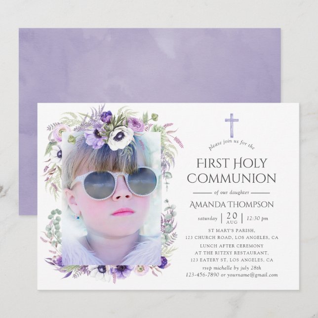 Invitation Douce Violet Floral Première Sainte Communion (Devant / Derrière)