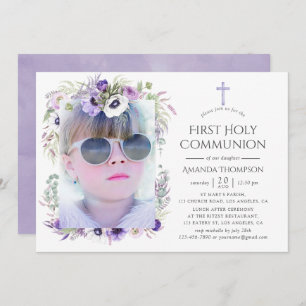 Invitation Douce Violet Floral Première Sainte Communion