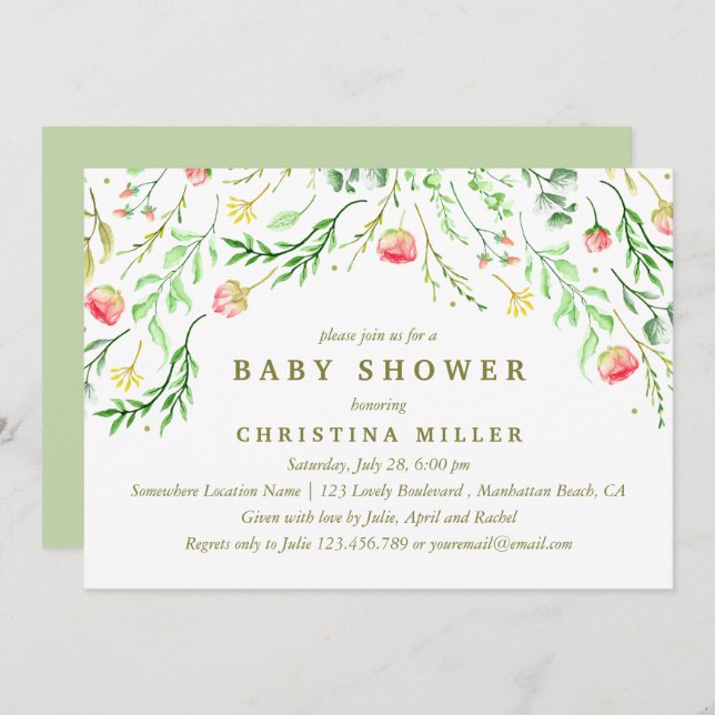 Invitation Doucement romantique | Baby shower des fleurs d'aq (Devant / Derrière)
