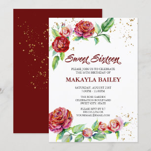 Invitation Douces 16 Roses Rouges Vintage Paillettes Dorées F