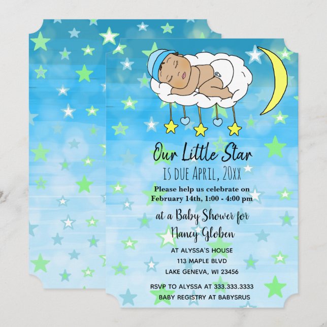 Invitation Douces petites étoiles et lunes bleues pour bébé H (Devant / Derrière)