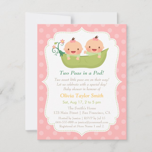 Invitation Douces Petites Pois dans un Cosse Filles Jumelles  (Devant)
