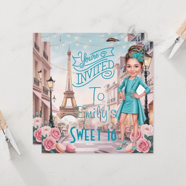 Invitation Douceur Turquoise personnalisée 16 à Paris (Devant/Arrière en situation)