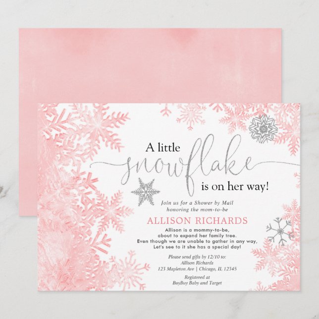 Invitation Douche à neige en argent rose par baby shower post (Devant / Derrière)