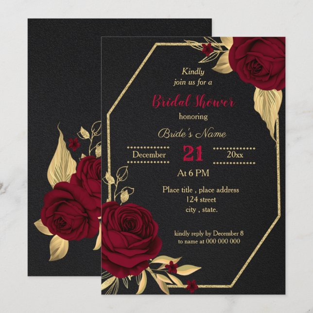 Invitation douche à nuptiale noire à fleurs d'or bordeaux (Devant / Derrière)