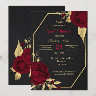 Invitation douche à nuptiale noire à fleurs d'or bordeaux