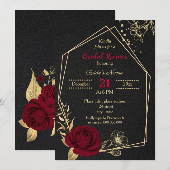Invitation douche à nuptiale noire à fleurs d'or bordeaux (Devant / Derrière)