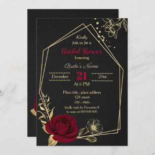 Invitation douche à nuptiale noire à fleurs d'or bordeaux