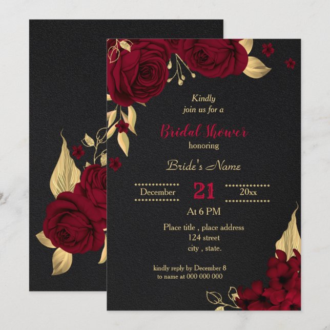 Invitation douche à nuptiale noire à fleurs d'or bordeaux (Devant / Derrière)