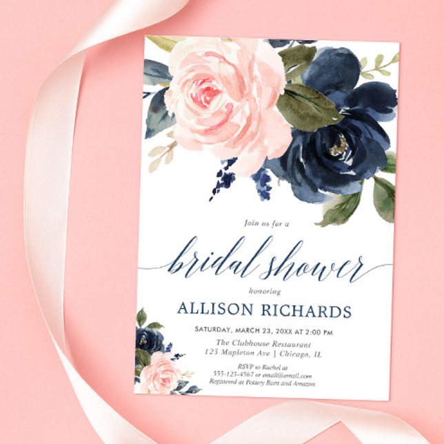 Invitation Douche à nuptiale rose et bleu marine (Créateur téléchargé)