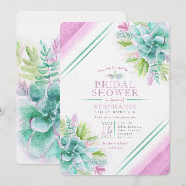 Invitation Douche à nuptiale Succulente couleur vert pourpre (Devant / Derrière)