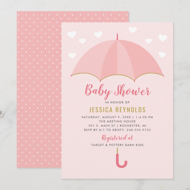 Invitation Douche Avec Amour Baby shower Parapluie Rose Bleu (Devant / Derrière)