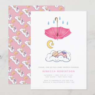Invitation Douche bébé fille endormie rose parapluie mignon