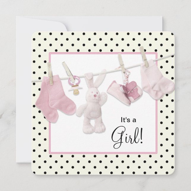 Invitation Douche bébé fille rose Clothesline (Devant)