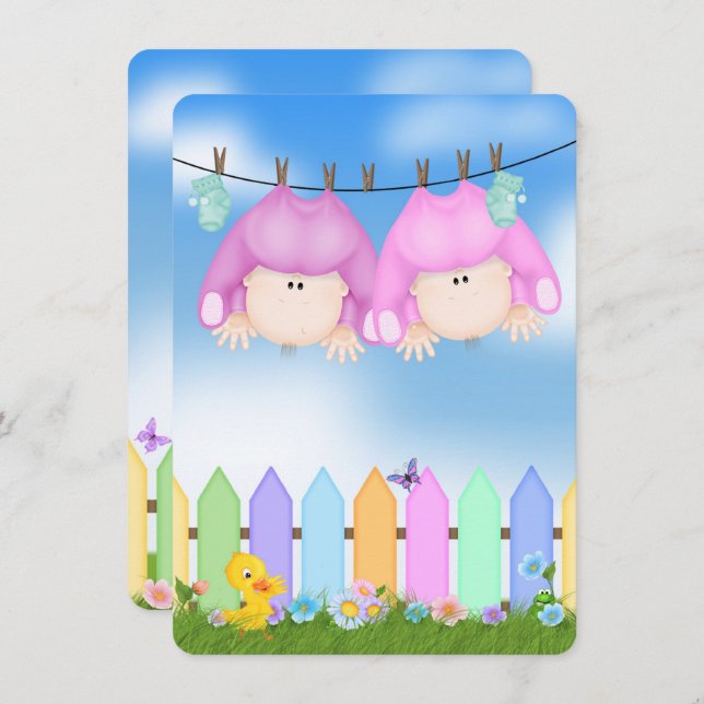 Invitation Douche bébé jumelle fille (Devant / Derrière)