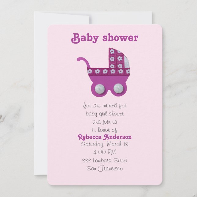Invitation Douche bébé poussette rose foncé (Devant)