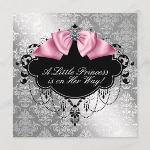 Invitation Douche bébé princesse noire rose d'argent