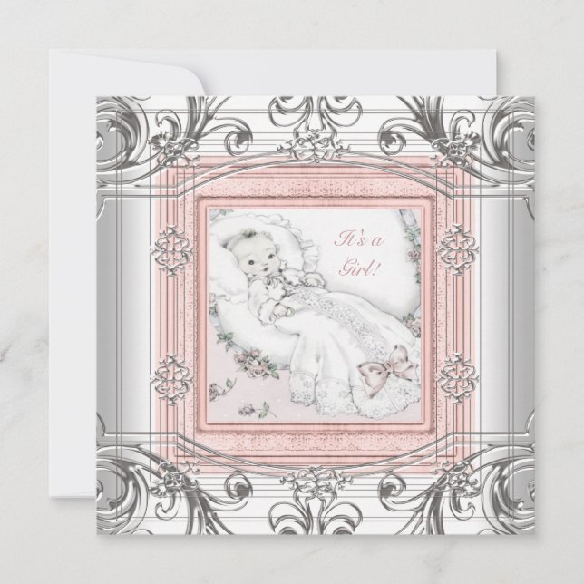 Invitation Douche bébé rose et argent (Devant)
