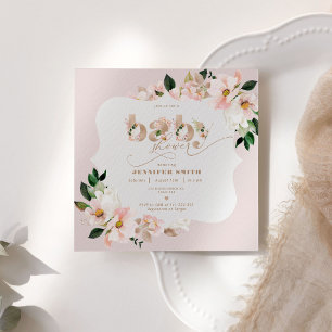 Invitation Douche bébé rose rose floral or foin