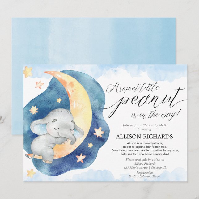 Invitation Douche bleu bébé éléphant par baby shower postal (Devant / Derrière)