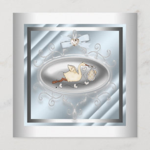 Invitation Douche bleue argentée de bébé de cigogne