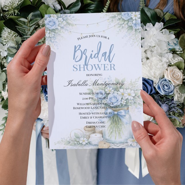 Invitation Douche Bleue Florale Mariage dans un Pot Mason (Dusty Blue Floral Mason Jar Bridal Shower Invitations
)
