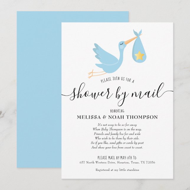 Invitation Douche Bleue Par Courrier Distance Frottée (Devant / Derrière)