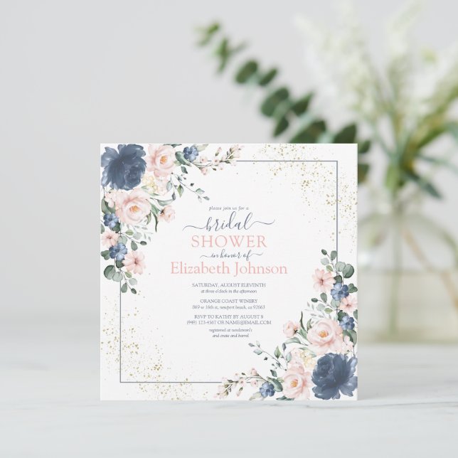 Invitation Douche Carré couleur bleu clair rose or rose (Debout devant)