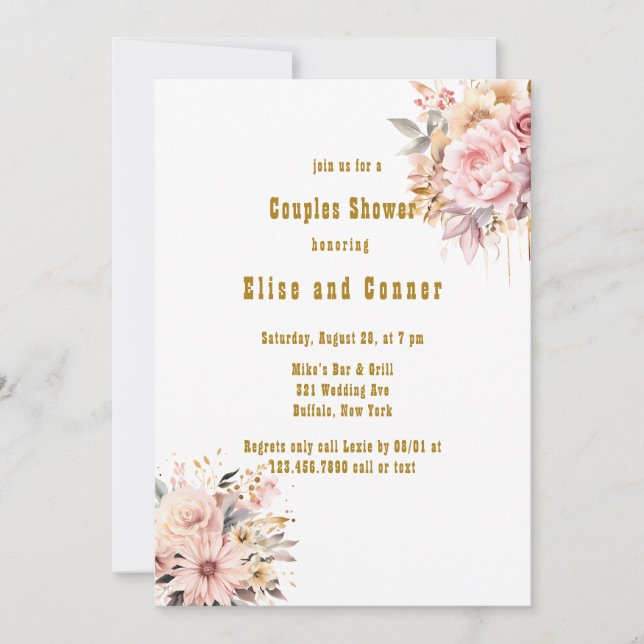 Invitation Douche Couples Floral Rose et Or (Devant)