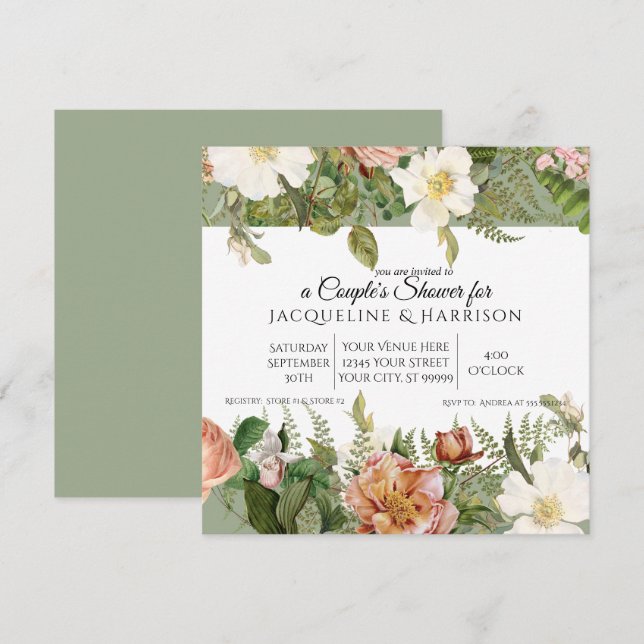 Invitation Douche Couples | Rose d'ivoire vert Mint Sage Flor (Devant / Derrière)