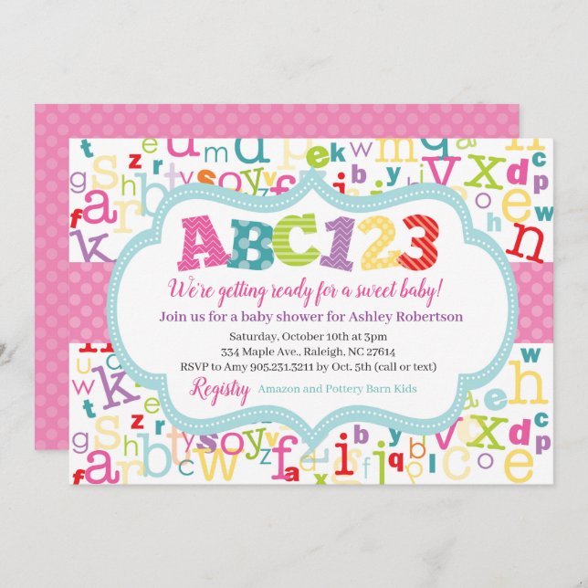 Invitation Douche de bébé d'alphabet (Devant / Derrière)