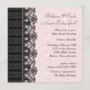 Invitation Douche de bébé de noir de rose de dentelle de