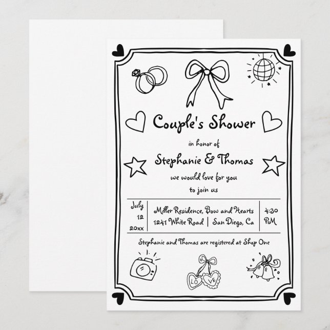 Invitation Douche de couple de gribouillis dessinée à la main (Devant / Derrière)