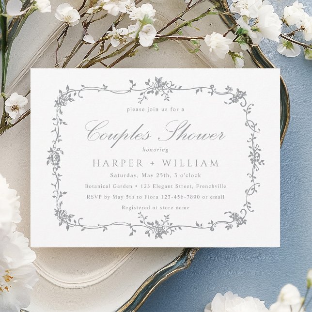 Invitation Douche de couple Floral Classique Gris Argenté Fra (Créateur téléchargé)