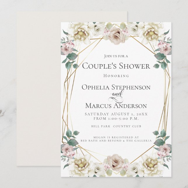 Invitation DOUCHE DE COUPLE | Floral d'ivoire romantique (Devant / Derrière)