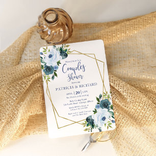 Invitation Douche de couple florale bleue poussiéreuse géomét