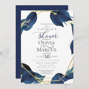 Invitation Douche de couple   Moderne Deep Indigo Bleu et Or
