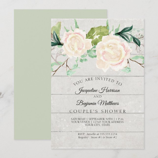 Invitation Douche de Couple Rustique Bois Aquarelle Roses Ivo (Devant / Derrière)