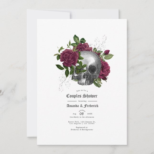 Invitation Douche de couples gothique crâne floral Bourgogne (Devant)