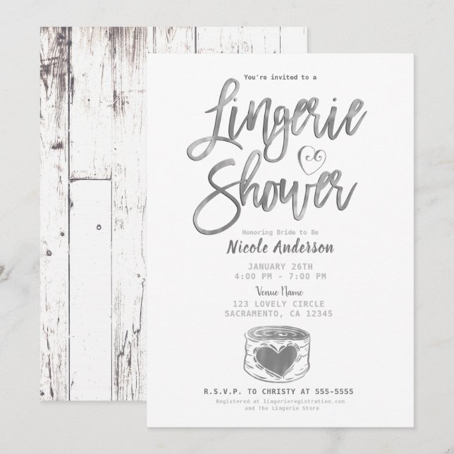 Invitation Douche de lingerie argentée glamour en bois de gra (Devant / Derrière)