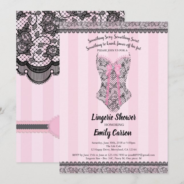 Invitation Douche de lingerie. Soirée de mariée rose (Devant / Derrière)