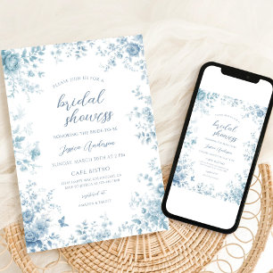 Invitation Douche de mariage florale chinoiserie bleu poussié