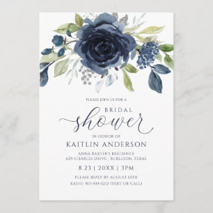 Invitation Douche de Mariée Bleu Nuit Floral Aquarelle Argent
